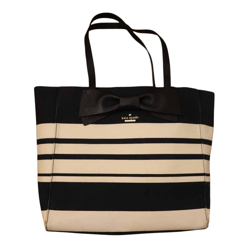 Kate Spade Bow Tote Black Cream Striped Canvas Shopper Bag Large